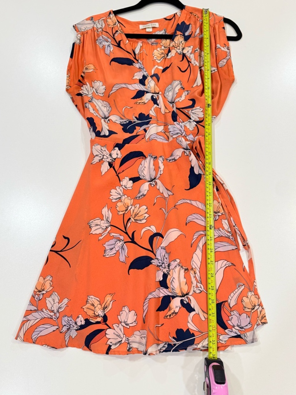 Yumi Kim Silk Wrap Dress Coral Floral | Size M | Tie Waist Mini - Picture 7 of 14